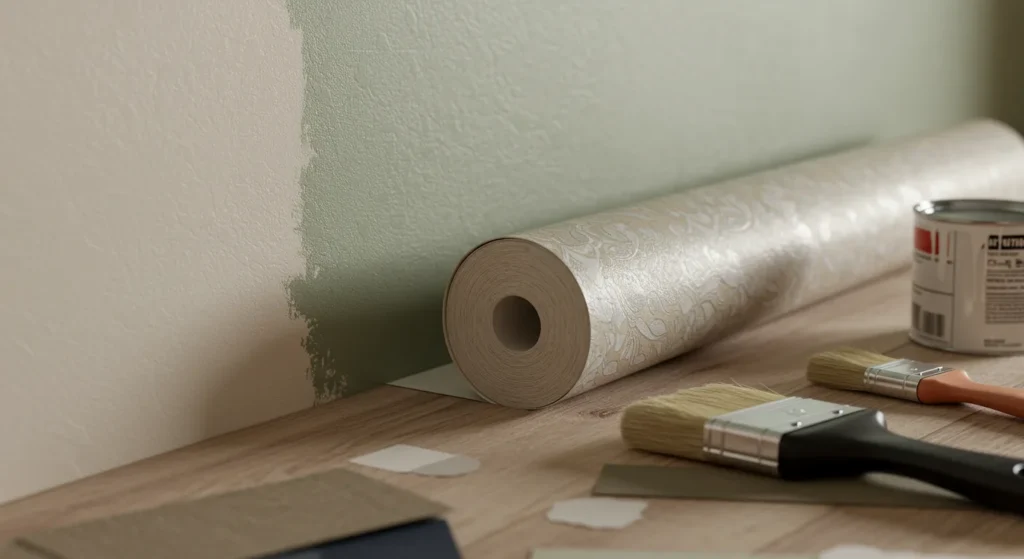 A roll of wallpaper and paint brushes lying on a floor