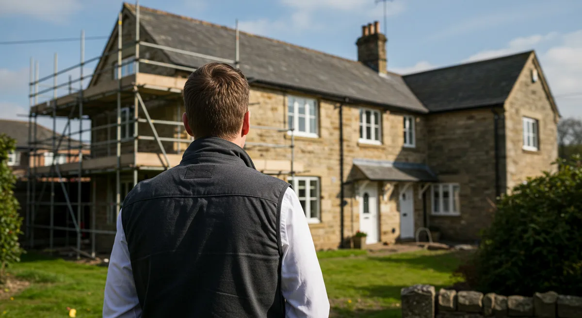 A man looking at a house with scaffolding on it