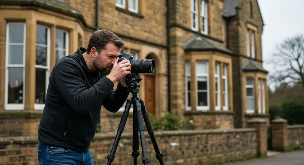 A professional photographer taking pictures of houses from the outside