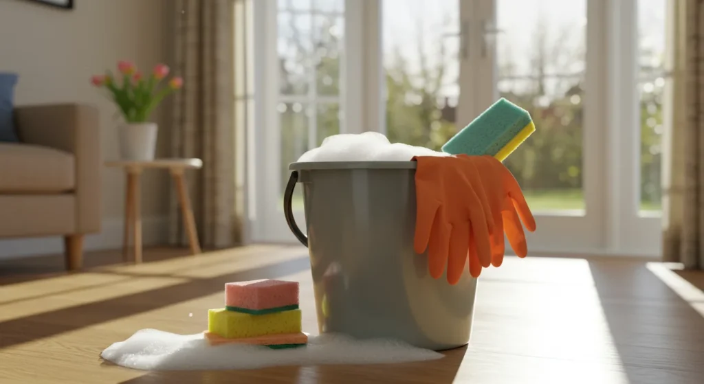 A bucket with sponges ready for cleaning