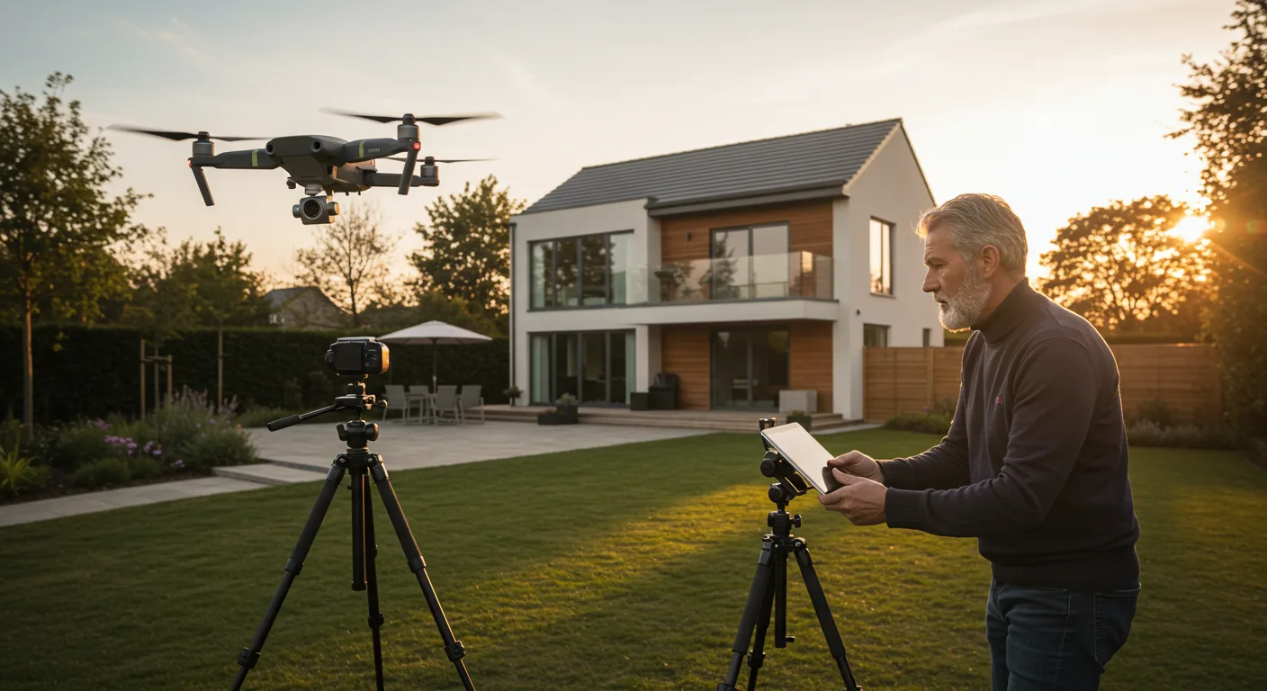 A professional drone pilot preparing to video a house