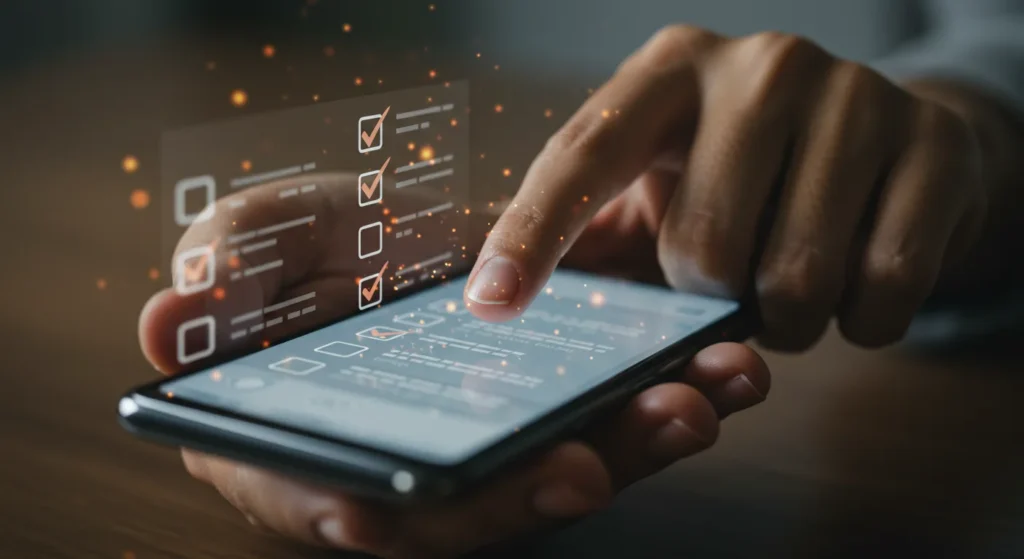A finger checking off a digital checklist