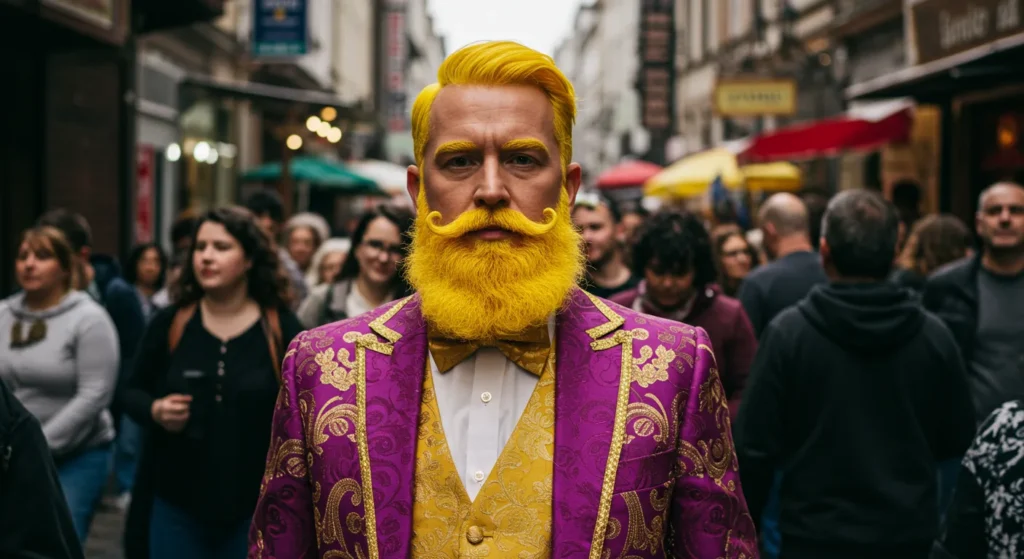 A bold Estate Agent with Yellow hair and a purple suit