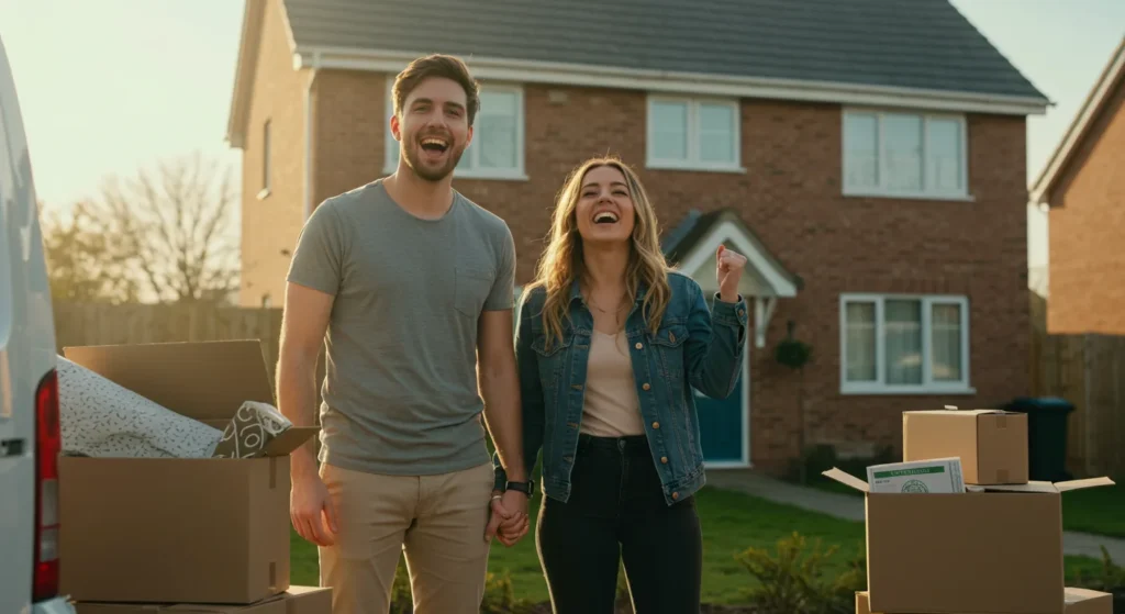 A happy couple cheering outside a house
