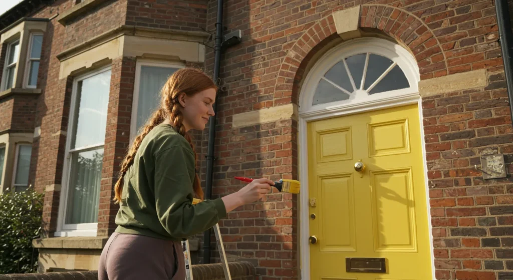 A happy lady painting her front door yellow to enhance curb appeal
