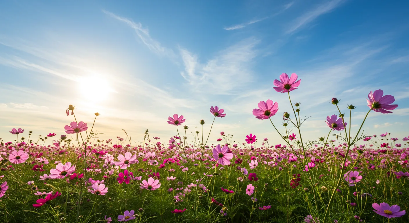 Pink flowers in a grassy field on a sunny day