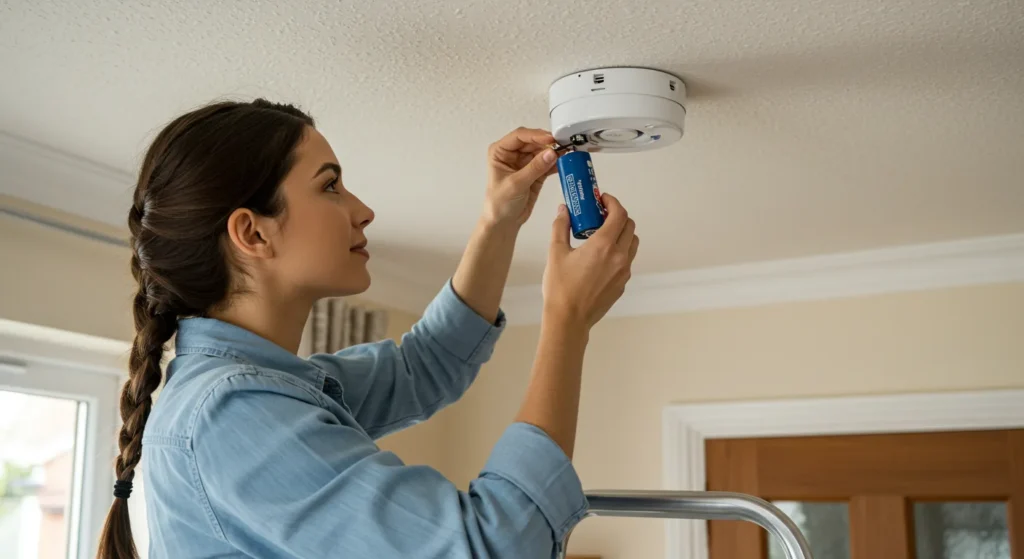 A lady installing a battery in a smoke detector
